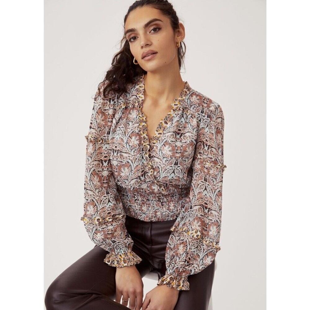 Anthropologie Printed Ruffle Wrap Blouse Women M Paisley V Neck Long Sleeve Top